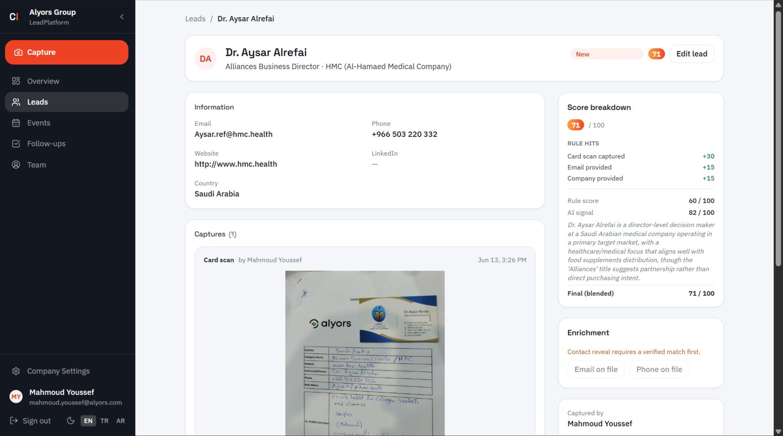 Lead detayı ve skor kırılımı